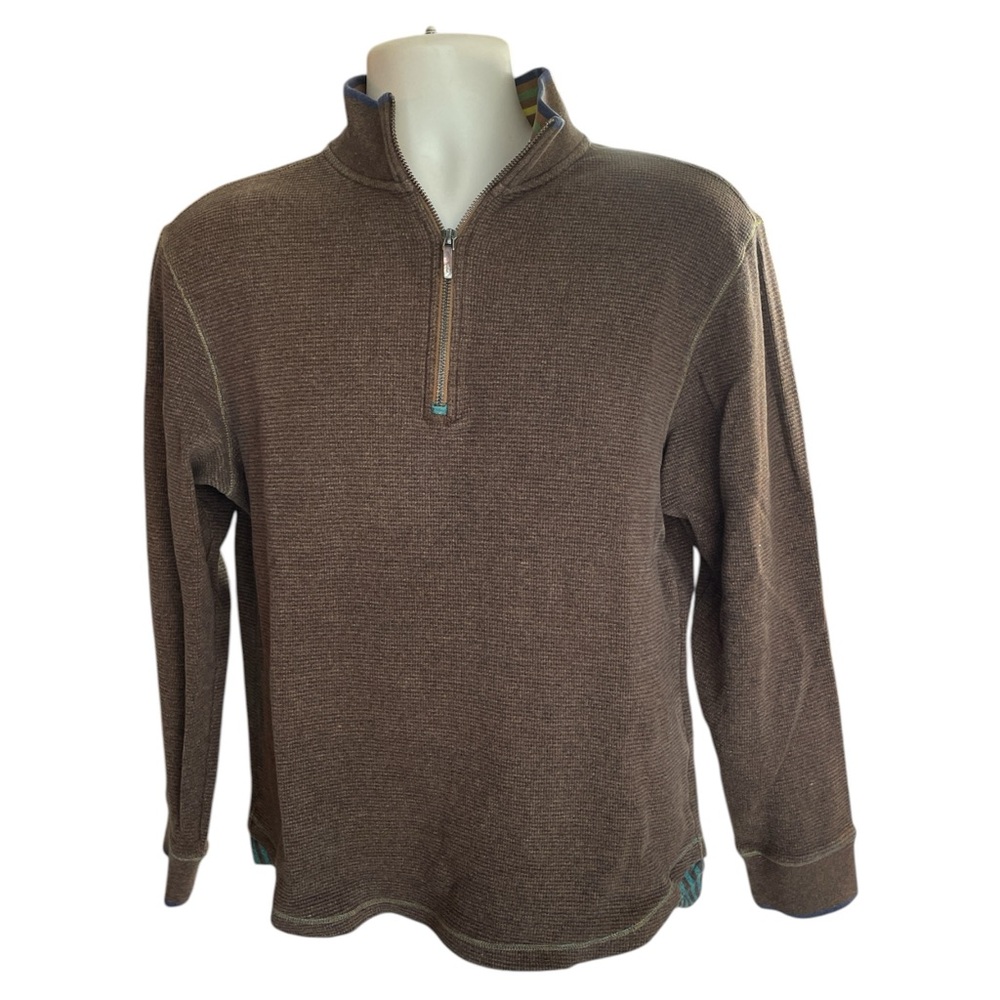 Robert Graham Brown 1/4 Zip Waffle Knit Sweater Colorful Accents Collar Cuffs M